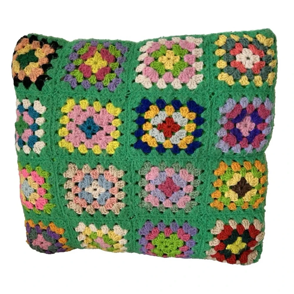 Vintage 2 Granny Square Crochet Throw Pillow & Case Rainbow Handmade Decorative